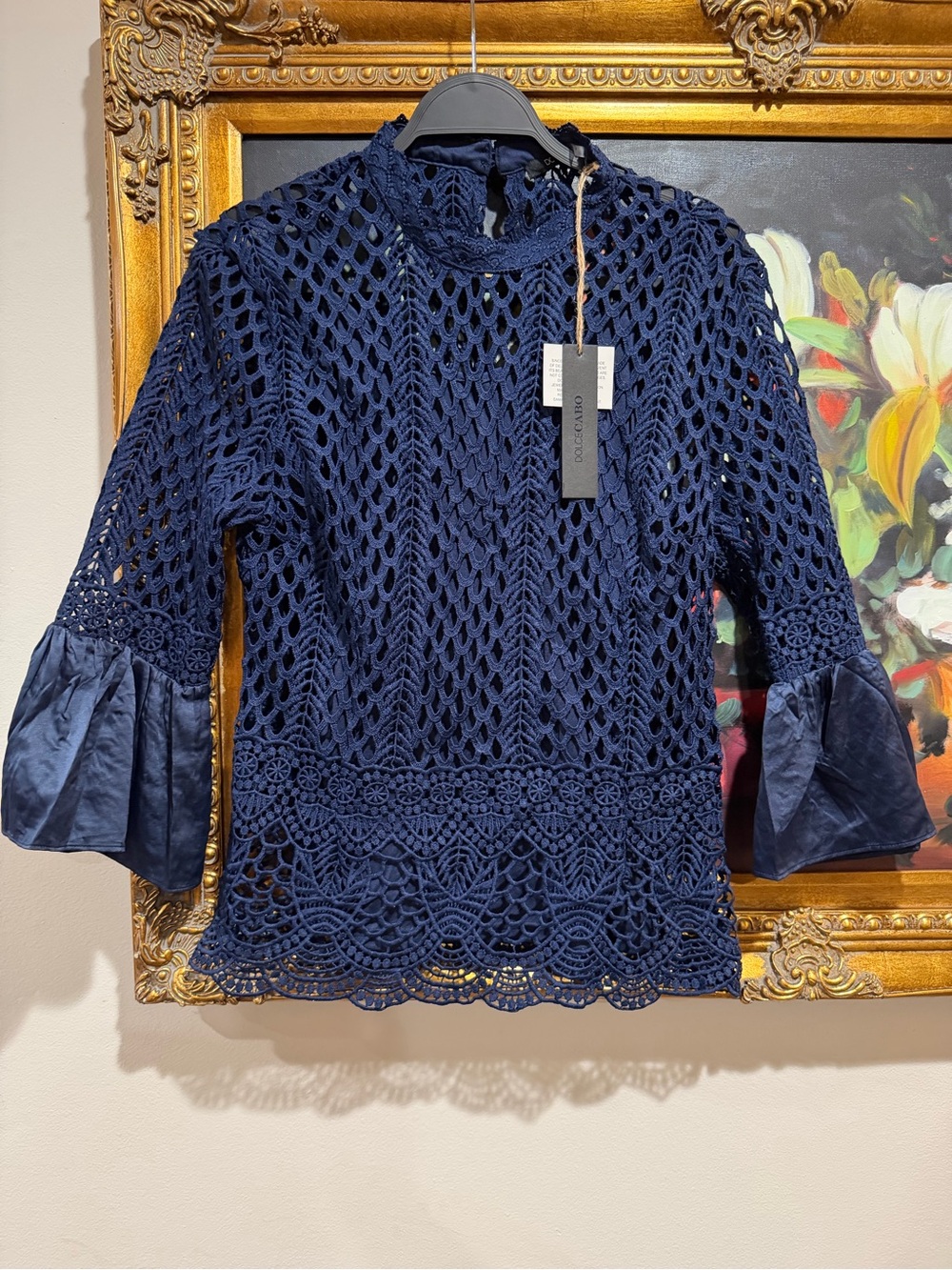 Dolce Cabo Navy Crochet Lace Blouse with Bell Cuffs